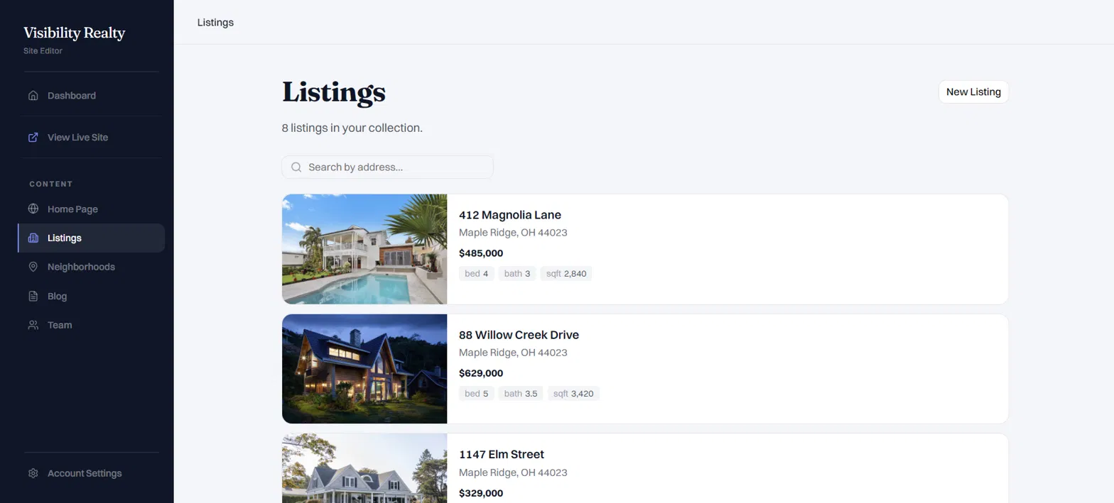 The client portal CMS: the listings collection of a demo real estate site